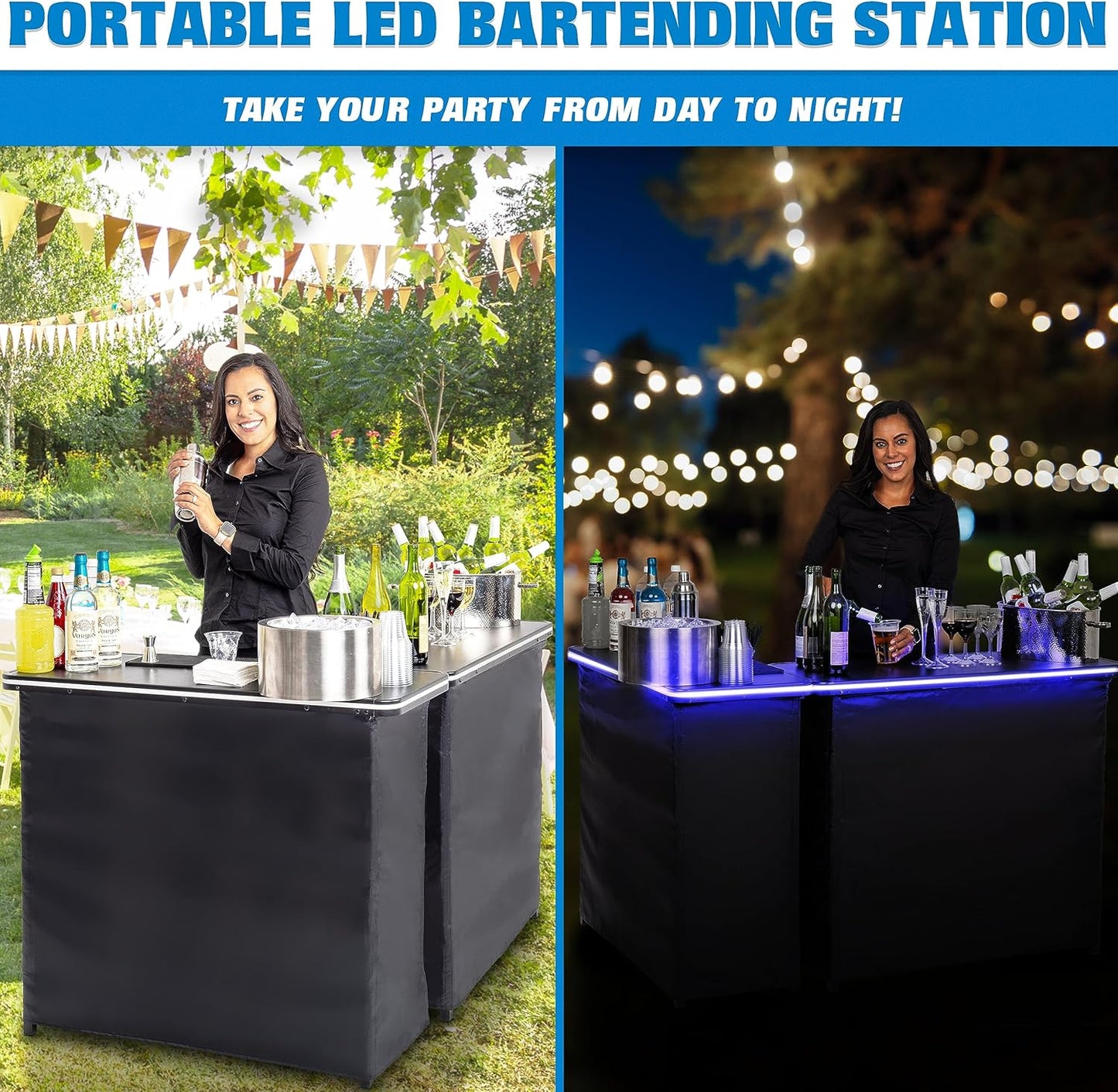 Gobar Portable Double Bar Table Set With Multi-Color Led Lights - Mobile Bartender Station For Events - Includes Carrying Case