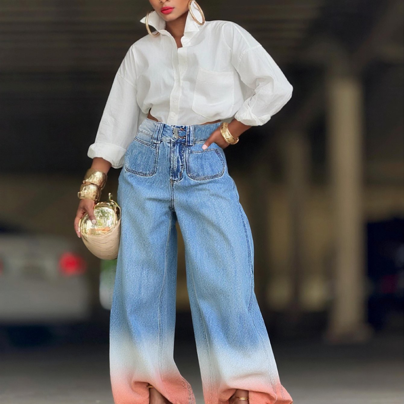 Daily Women's Casual Fashion High Waist Pattern Pocket Wide Leg Pants Ruffle Hem Flared Trousers Illustrated Printed Imitation Jeans