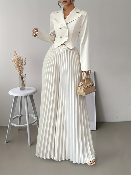2-piece Elegant Women's Double-breasted Suit Top and Pleated Pants Set, Fashionable Commuting Style