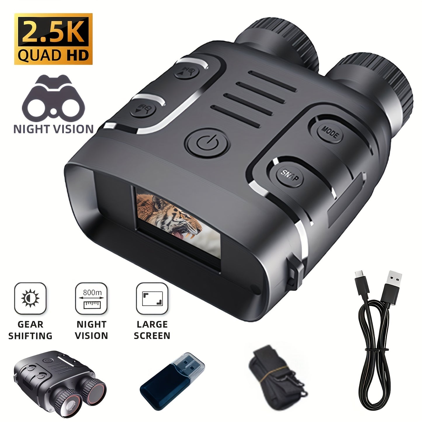 10X Digital Zoom Night Vision Binoculars with Infrared, 2.5K CMOS Sensor, 2.4" Display, 800m Viewing Distance, USB Rechargeable, Ideal for Hunting & Boating - Available in Black, Green, Gray, Binoculars for Hunting