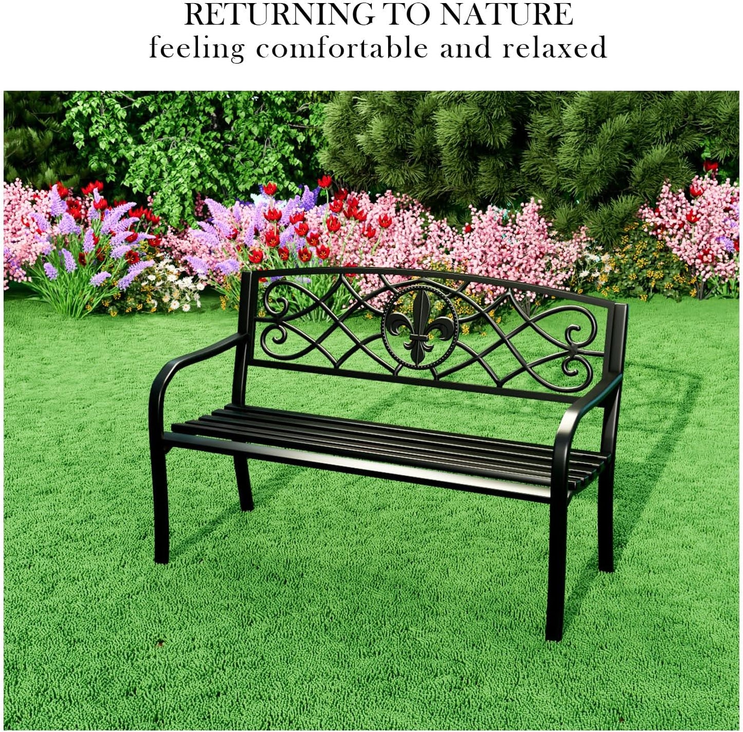 Ylgj&Tidy 50"" Outdoor Bench, Heavy Duty Garden Bench With Ergonomic Backrest & Armrests, Weatherproof Cast Iron Bench, Outdoor