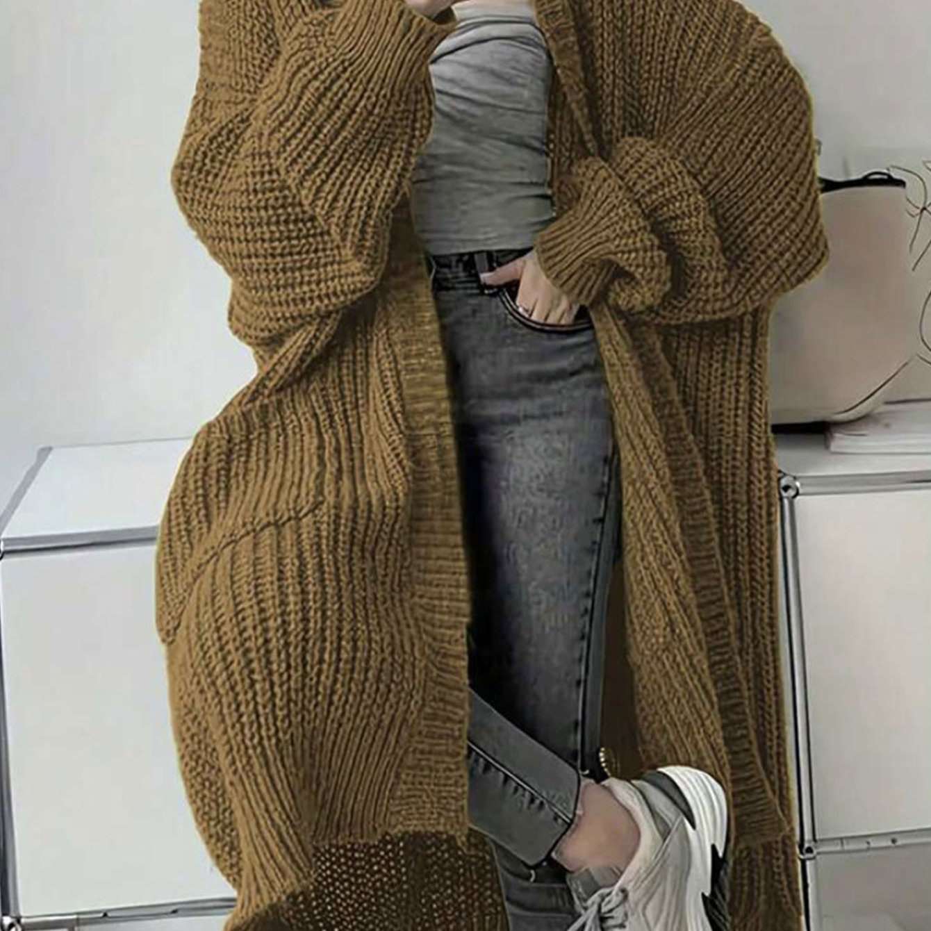 2025 Women'S Casual Long Sleeve Open Front Sweaters with Pockets in Plain Rib for Autumn, Long Cardigan For Women, Women'S Cardigan, Winter Clothe For Women, Fall Clothe For Women, Top For Women