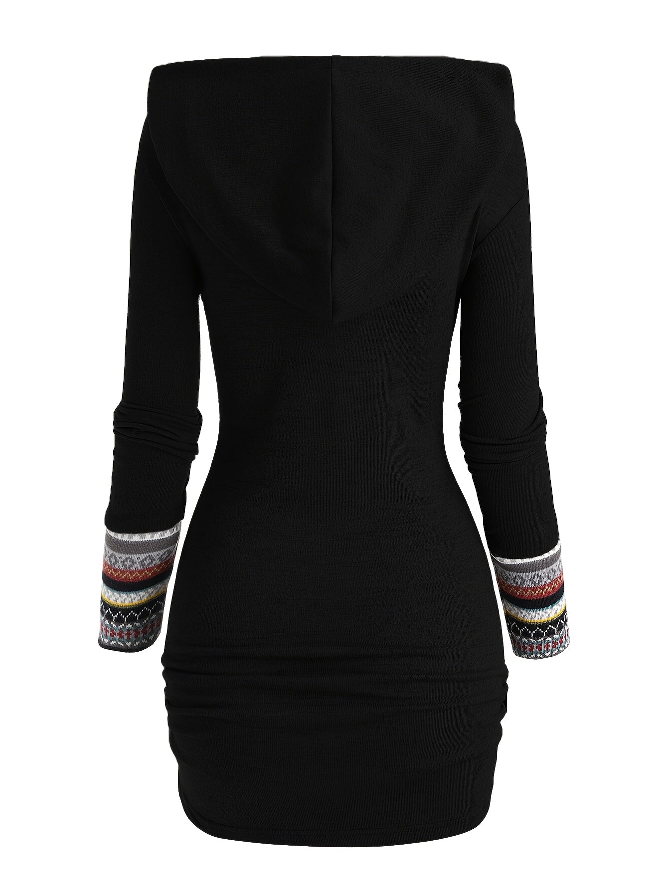 [Tribal Hooded Dress] Polyester Women's Tribal Geometric Stripe Patchwork Hooded Knit Dress | Long Sleeve Bodycon, Casual Style, 95% Polyester 5% Spandex, All Season, 240g/m² Knit Fabric, with Fake Buttons Detail