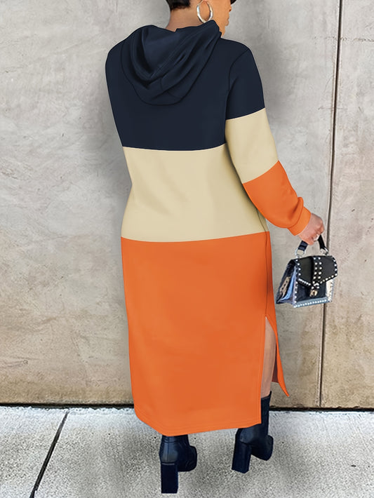 [Color Block Hooded Dress] CHICME Plus Size Women's Color Block Hooded Dress - Casual Long Sleeve with Side Slit, Patchwork Design, Orange & Beige, Fall/Winter Fashion, Glossy Texture