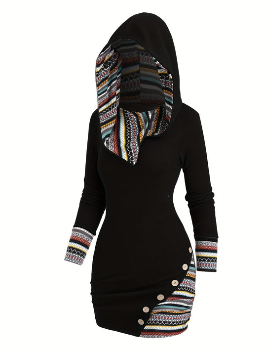 [Tribal Hooded Dress] Polyester Women's Tribal Geometric Stripe Patchwork Hooded Knit Dress | Long Sleeve Bodycon, Casual Style, 95% Polyester 5% Spandex, All Season, 240g/m² Knit Fabric, with Fake Buttons Detail