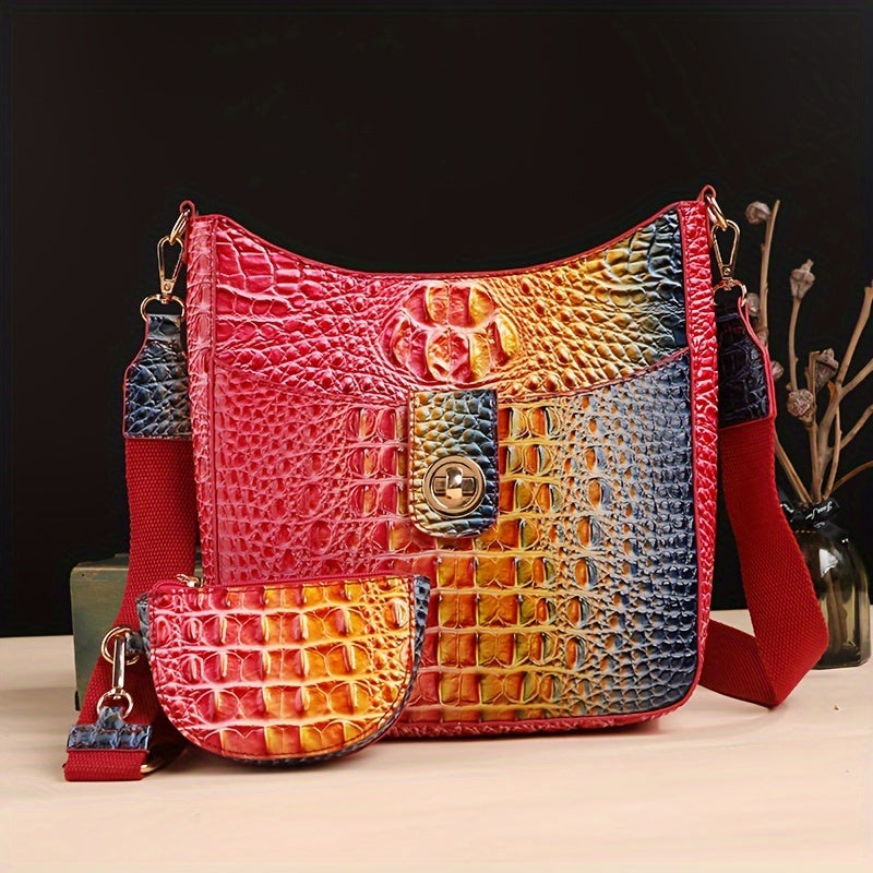 Elegant women's cross-body bag, fashionable color crocodile pattern cross-body bag, wide shoulder strap removable two-piece women's bag, safety zipper bag with coin purse