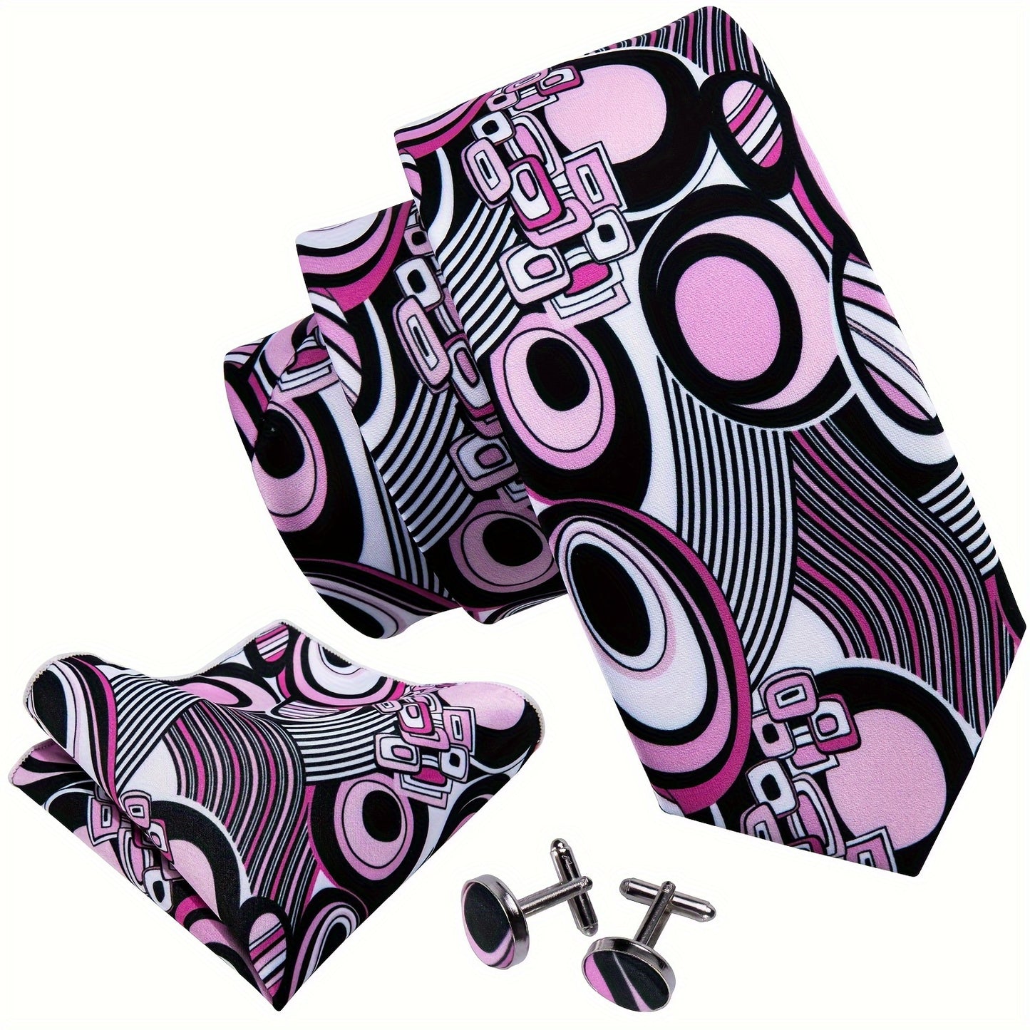 LINEZISEID 4pcs Mens frivolous Tie Pink Red Printing Tie Breathable Necktie Hanky Square Cufflinks Ring Set Wedding Party Groomsman Gift