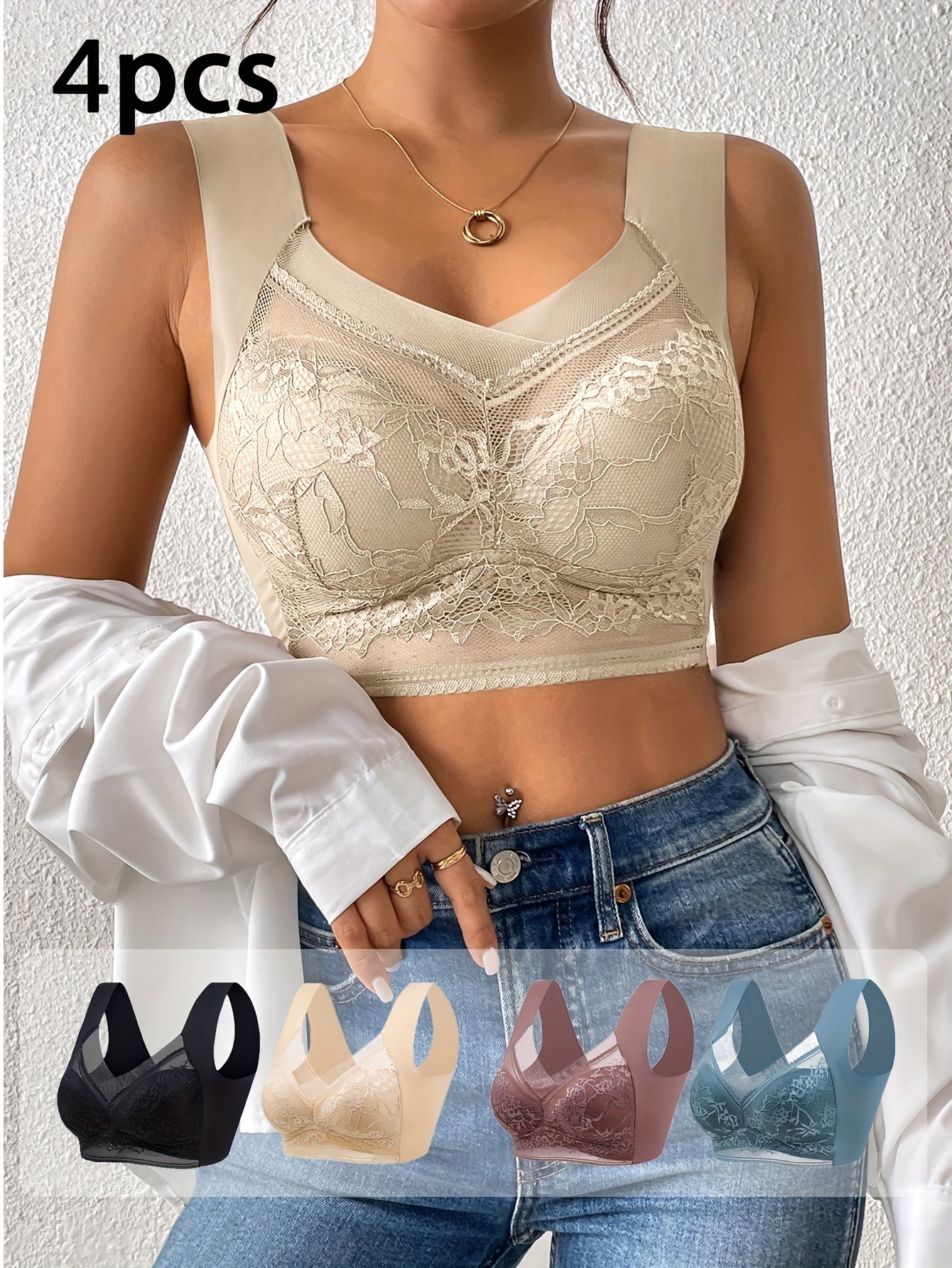 4pcs of mixed color Women's lace contrast underwear, daily bra, no steel ring underwear and bra