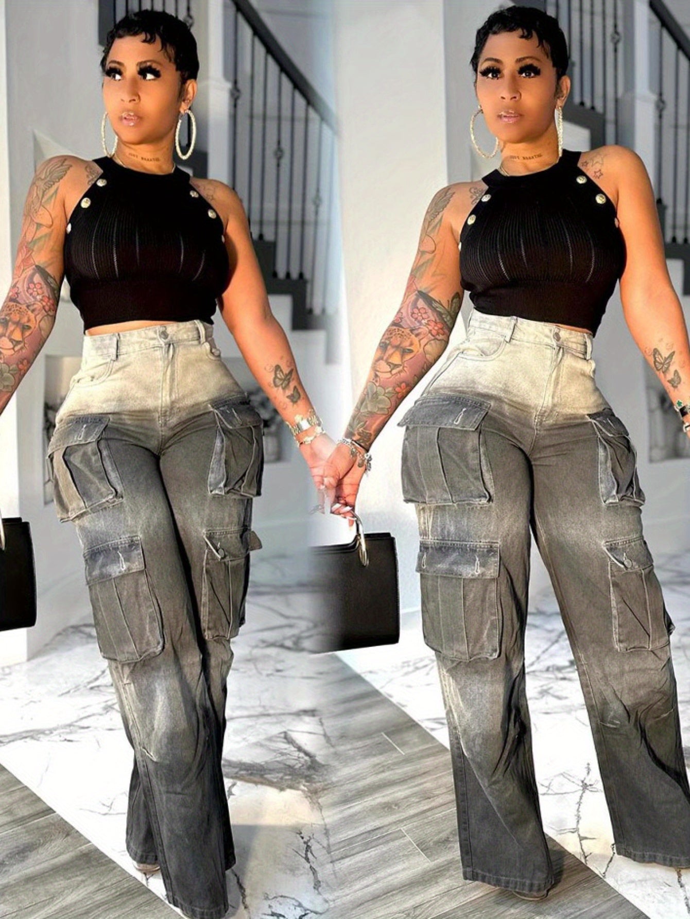 [Tie-Dye Wide Leg Pants] Gradient Color Tie-Dye Women's High Waist Multi-Pocket Wide Leg Pants