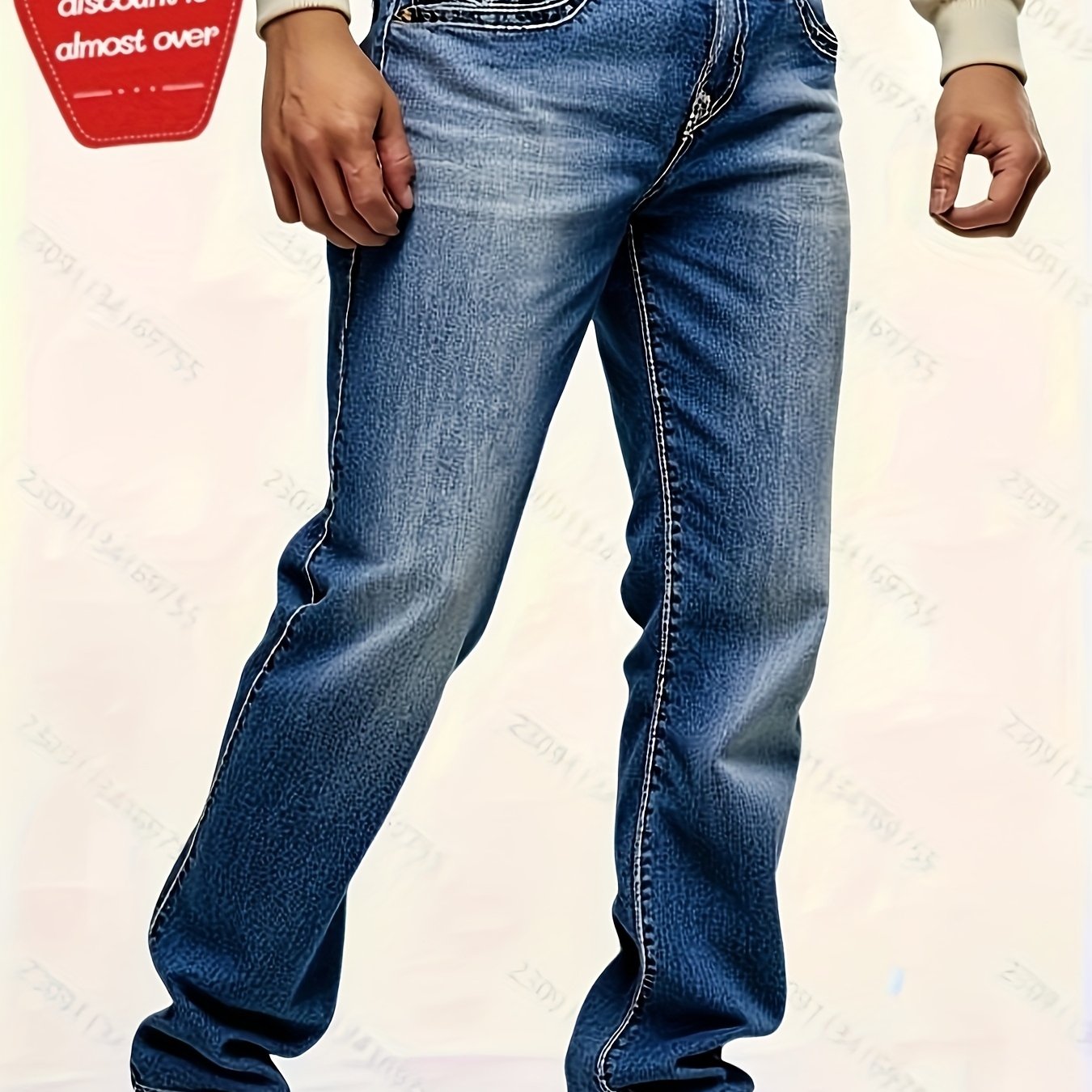 HME Men's Classic Blue Jeans - Mid-Rise Loose Straight-Leg Non-Stretch Pants, Machine Washable Vintage Washed Look with Flip-Over Back Pockets - Everyday Casual Jeans for Year-Round Wear