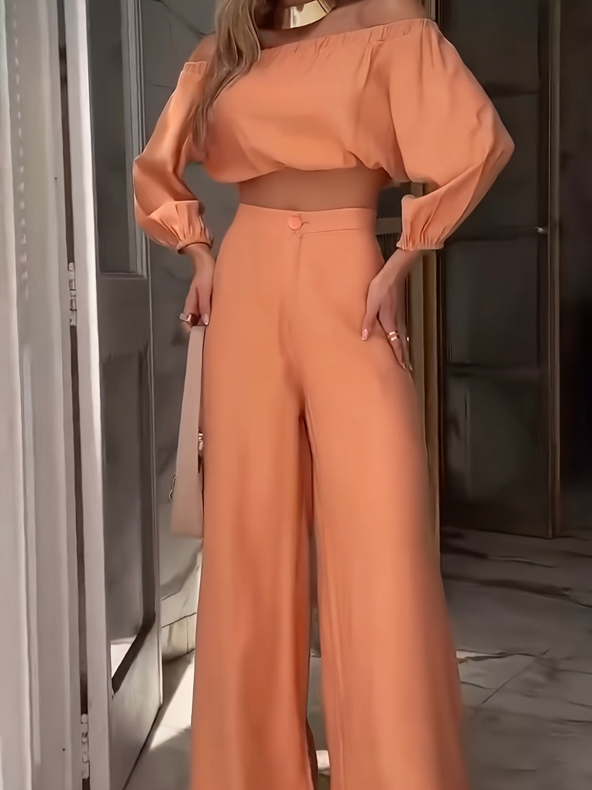 European and American Style Spring/Autumn One-Shoulder Short Top High-Waisted Wide Leg Pants Set Casual Fashion Two-Piece