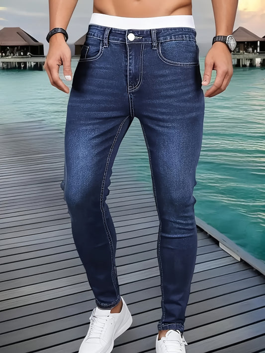 Men'S Slim-Fit Stretch Denim Jeans - Mid-Rise Casual Street Style, Light Wash, Mid-Stretch Comfort Fit for Casual Attire, Versatile Jeans|Slim Fit Jeans|Washed Jeans