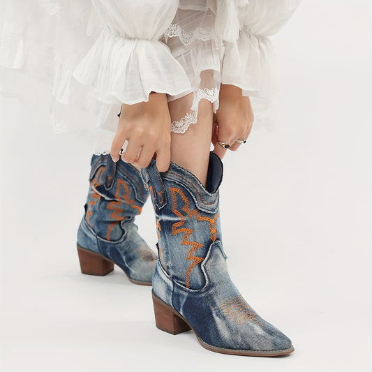 Women'S Embroidered Stitched Rodeo Boots Pointed Toe Chunky Block Heel Classic Pull On Cowgirl Ankle Western Booties, Valentine'S Day, Women'S Shoes Clearance, Women'S Shoes Clearance Sale 90%, Women'S Boots Clearance Sale, C