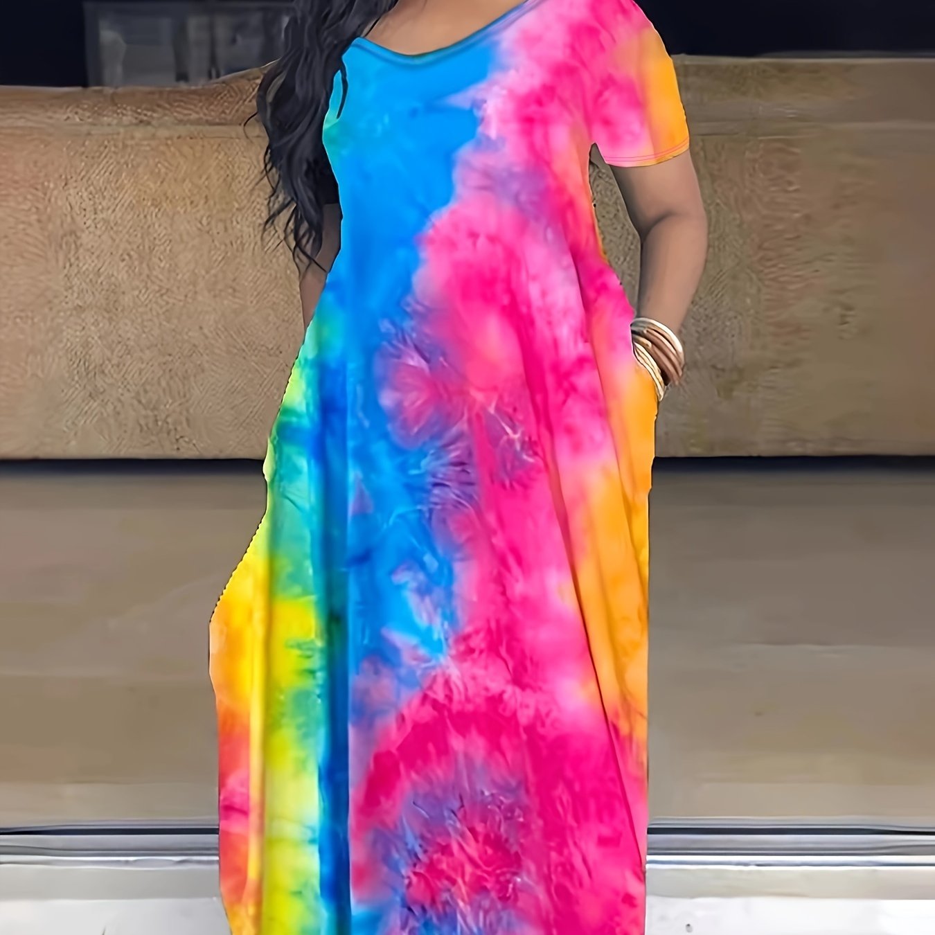[Tie Dye Maxi Dress] Elegant Plus Size Maxi Dress | Women's Tie Dye Print Short Sleeve with Pocket, Medium Stretch Long Dress