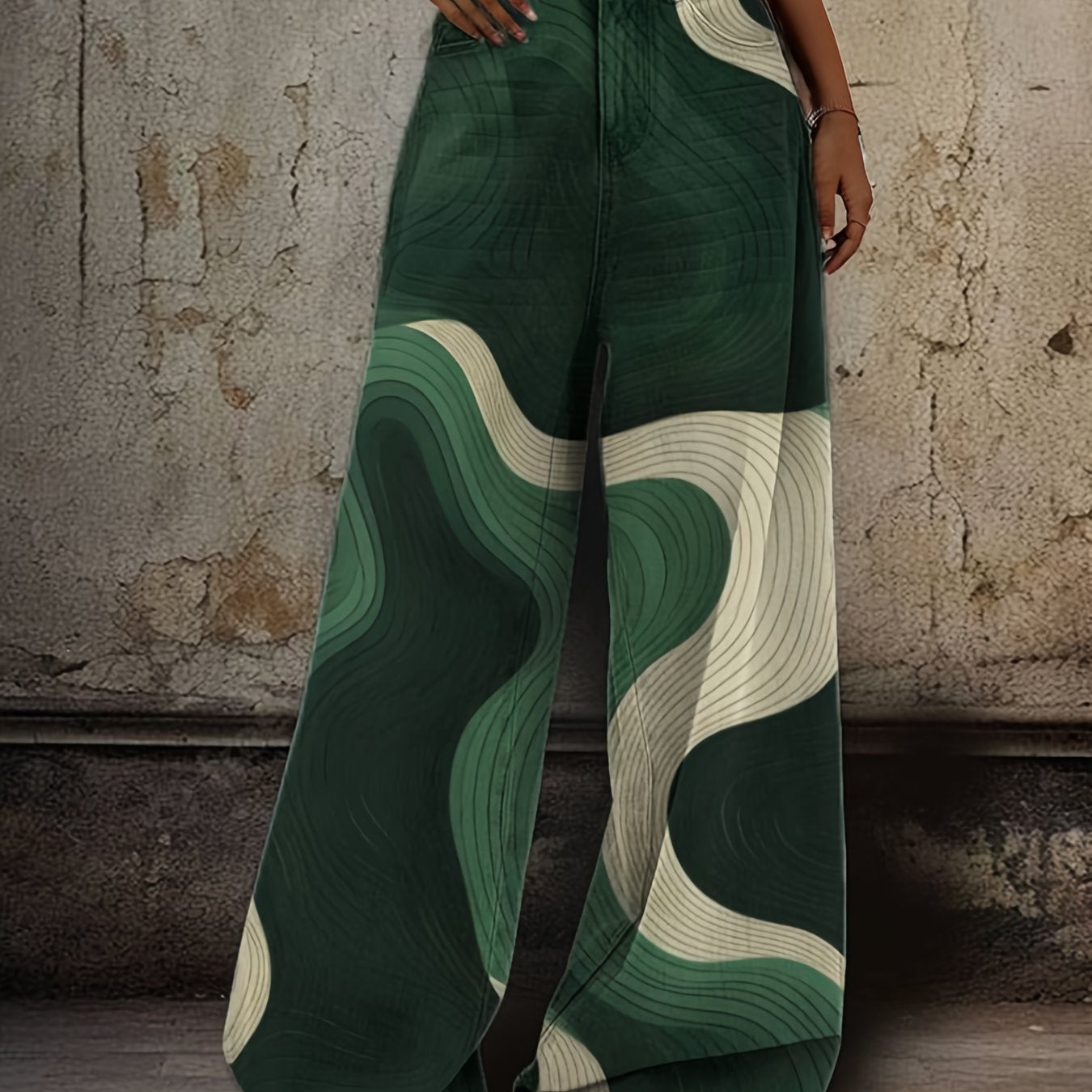 1 Pair of Women'S Denim High Waist Loose Pants, Casual Style, Creative Wave Stripe Print, Polyester Fabric, Regular Fit Loose Jeans for Adults, Suitable for All Seasons