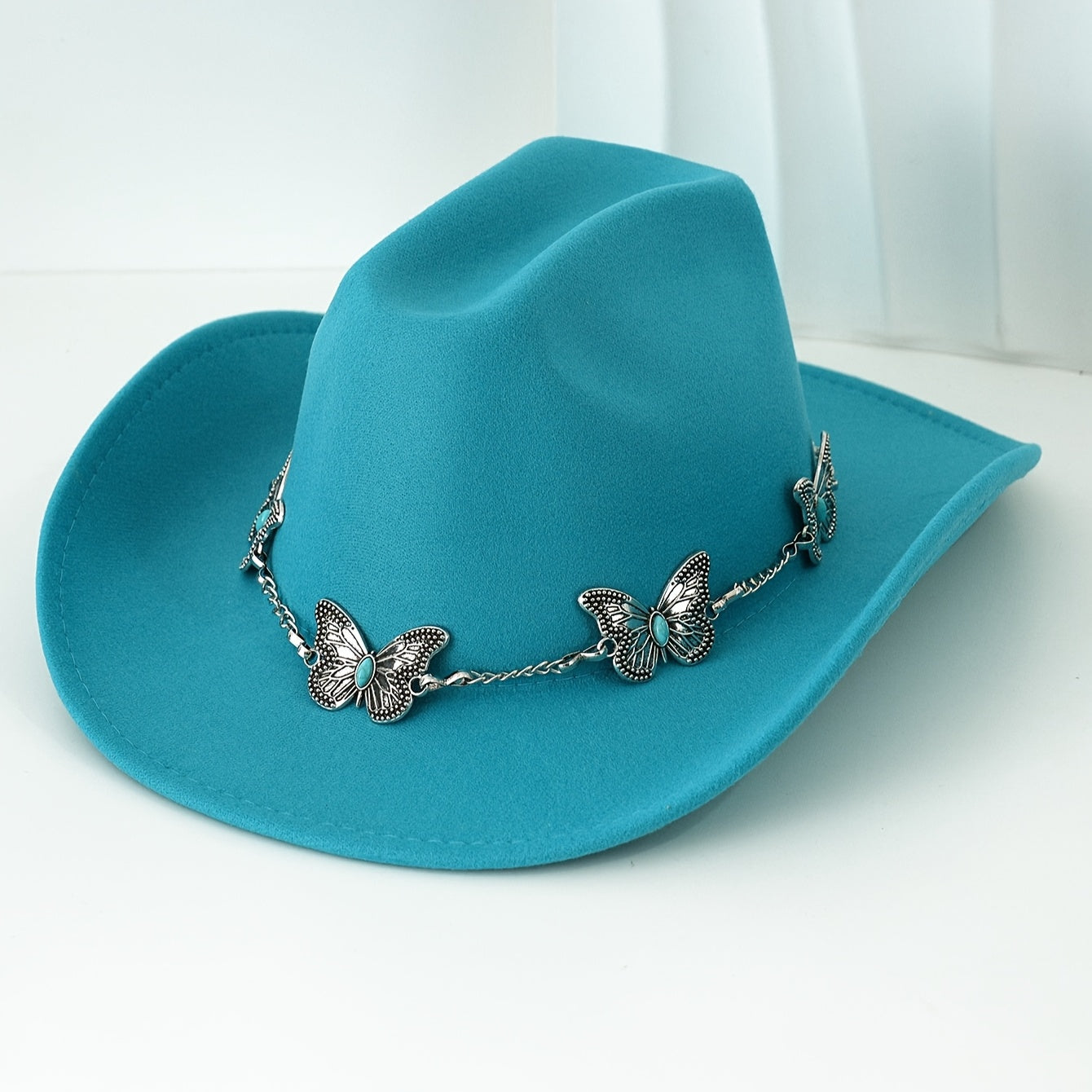[Western Cowgirl Hat] 1pc Western Cowgirl Hat | Lightweight, Polyester, Woven, Fedora Style with Silvery Metal Butterfly, Ideal for Western Themed Events & Grassland Music Festivals