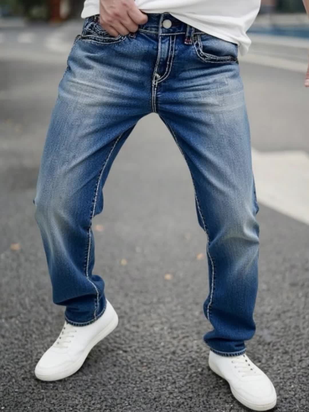 HME Men's Classic Blue Jeans - Mid-Rise Loose Straight-Leg Non-Stretch Pants, Machine Washable Vintage Washed Look with Flip-Over Back Pockets - Everyday Casual Jeans for Year-Round Wear