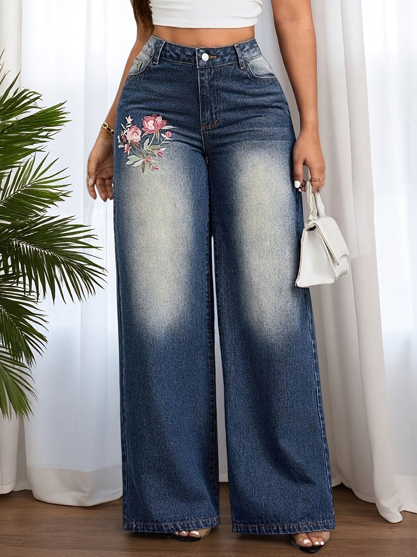 Ladies Retro Wide-leg Pants In Spring And Autumn New High Waist Slim Elastic Casual Straight Jeans Mopping Pants.