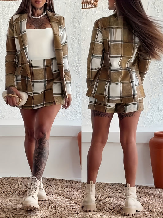 2pcs plaid lapel slim-fit blazer and high-waisted slit-front A-line culottes set