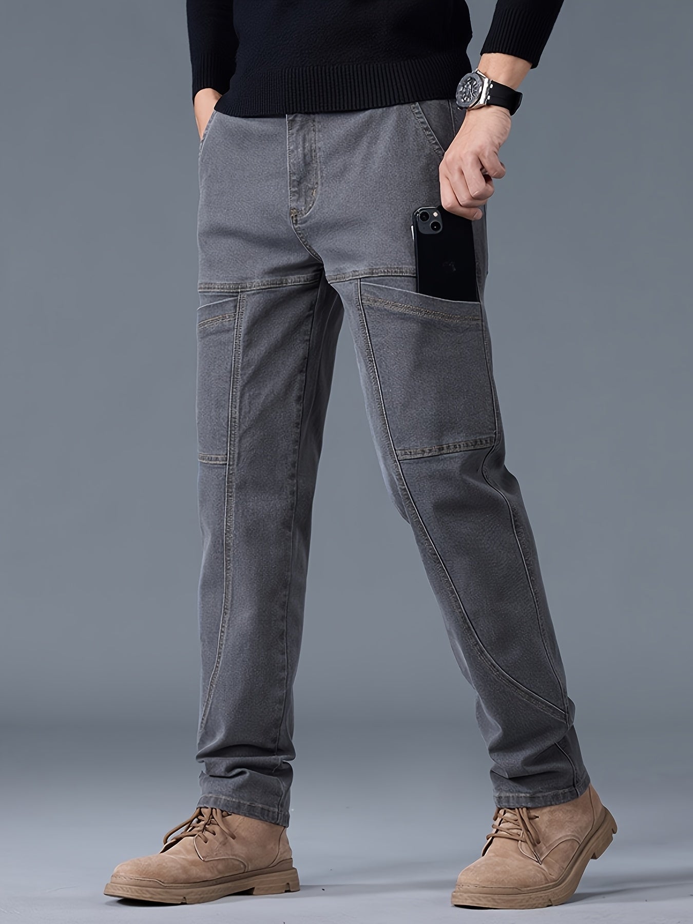 Men'S Small Straight Tube Style Fashionable Printed Six Pocket Design Micro Elastic Denim Pants