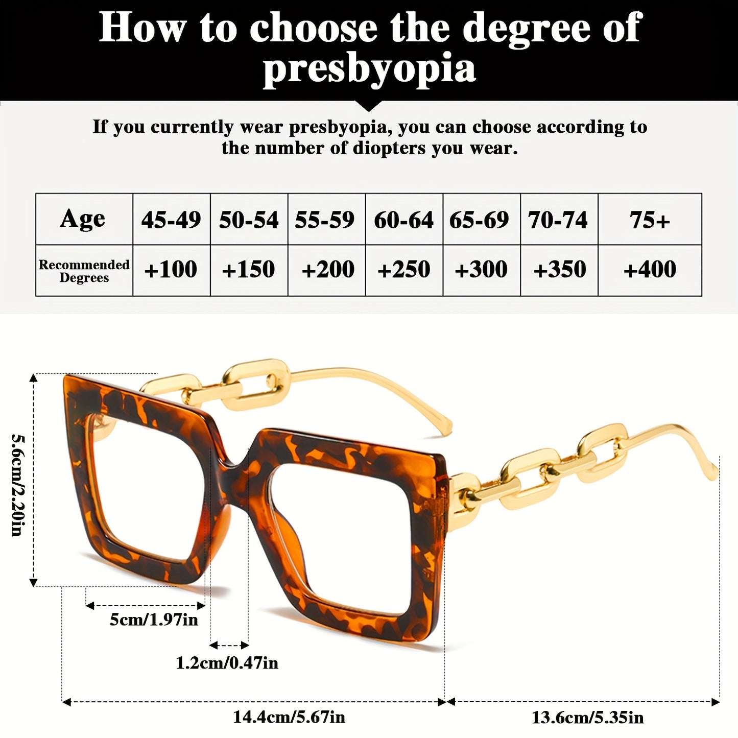 [3pcs Large Frame Reading Glasses] 3pcs Rectangular Large Frame Chain Temple Reading Glasses, Trendy and Fashionable for Home, Travel, and Parties, Women's Presbyopia Glasses