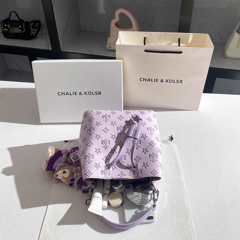 2025 New Large Capacity Purple Bucket Bag for Women - Elegant Geometric Pattern, with Embossed Detailing, Adjustable Shoulder Strap & Golden-Tone Hardware, Durable Polyester Lining, Stylish Everyday Handbag, Sophisticated Acc