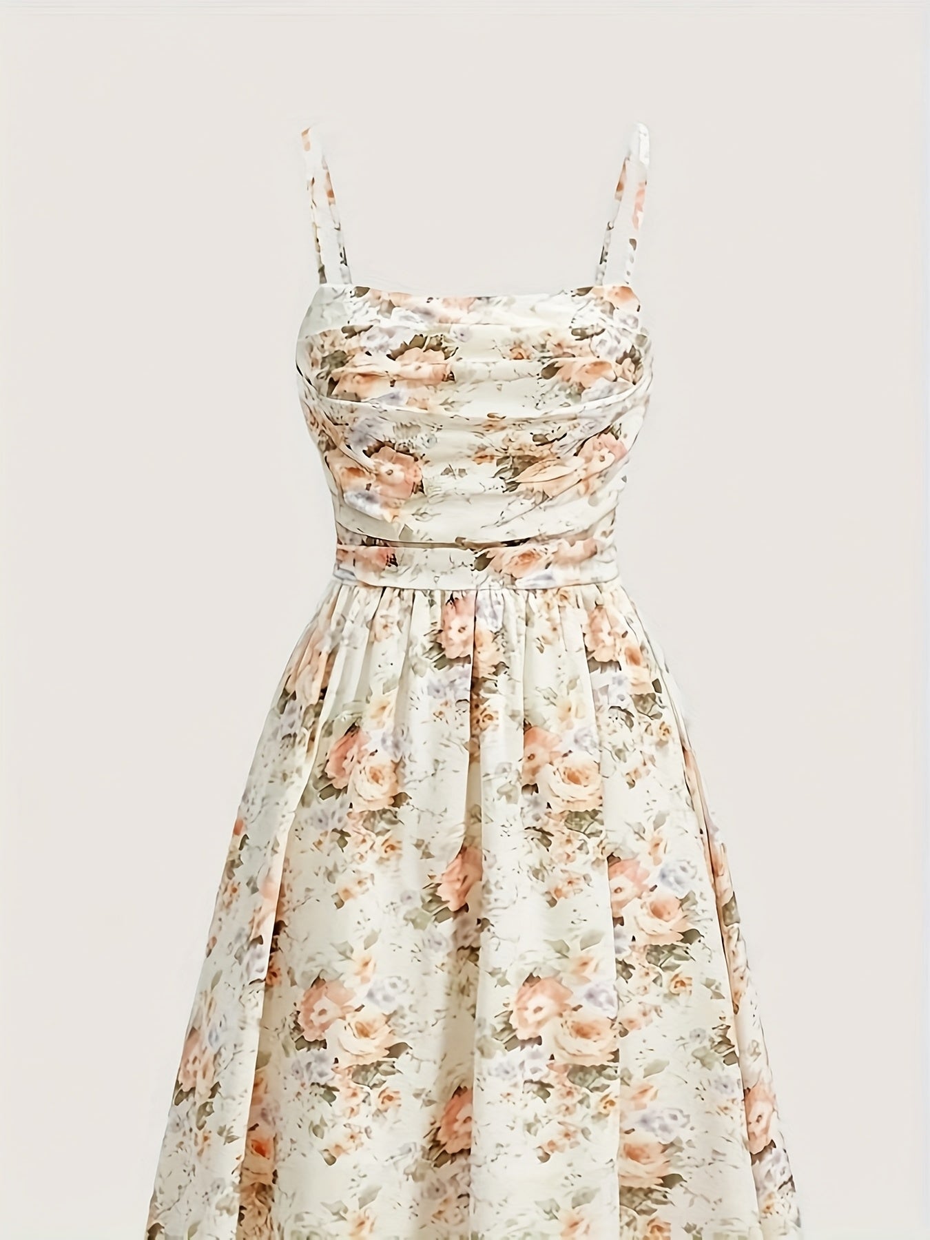 [Floral Beach Dress] Floral Beach Dress - Elegant Floral Print with Waist Tie, Spaghetti Strap Party & Wedding Guest Gown in Beige/ Pink/ White/ Green Floral Pattern - Non-Stretchy Fabric for Formal & Casual Events - Spring/