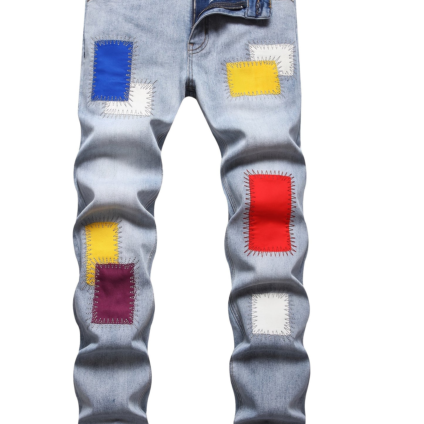 Men's Slim Fit Fashion Small Foot Embroidered Jeans Colorful Tape Stretch Washed Blue Trousers