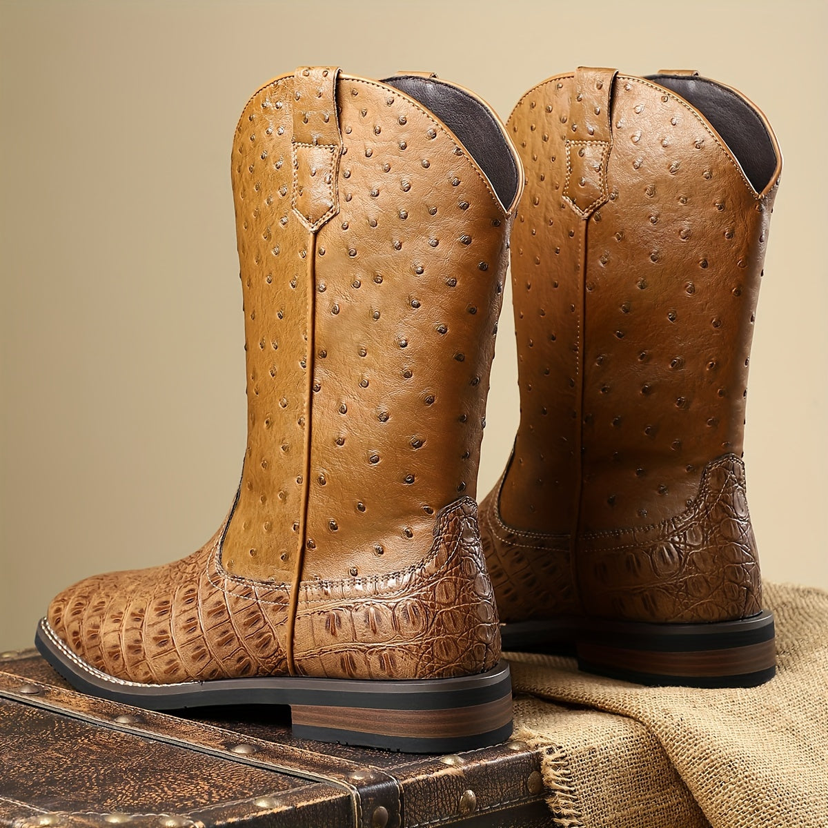 [All-Season Solid Color Cowboy Boots] Men's Casual Western Boots with Ostrich-Quill Print PU Upper, Fabric Lining, Rubber Sole, Slip-On Closure, Pointed Toe - All-Season Solid Color Daily Wear Cowboy Boots