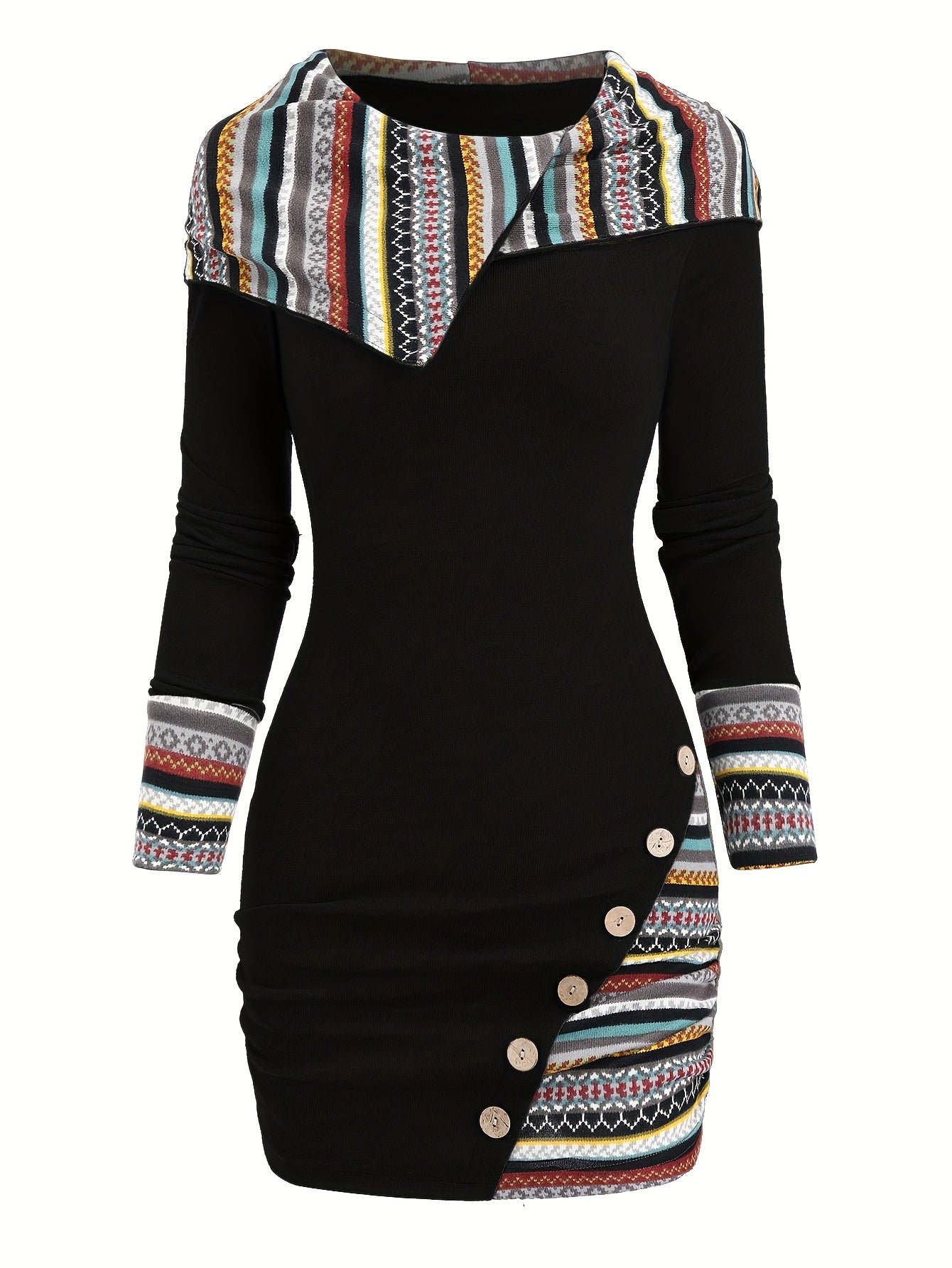 [Tribal Hooded Dress] Polyester Women's Tribal Geometric Stripe Patchwork Hooded Knit Dress | Long Sleeve Bodycon, Casual Style, 95% Polyester 5% Spandex, All Season, 240g/m² Knit Fabric, with Fake Buttons Detail