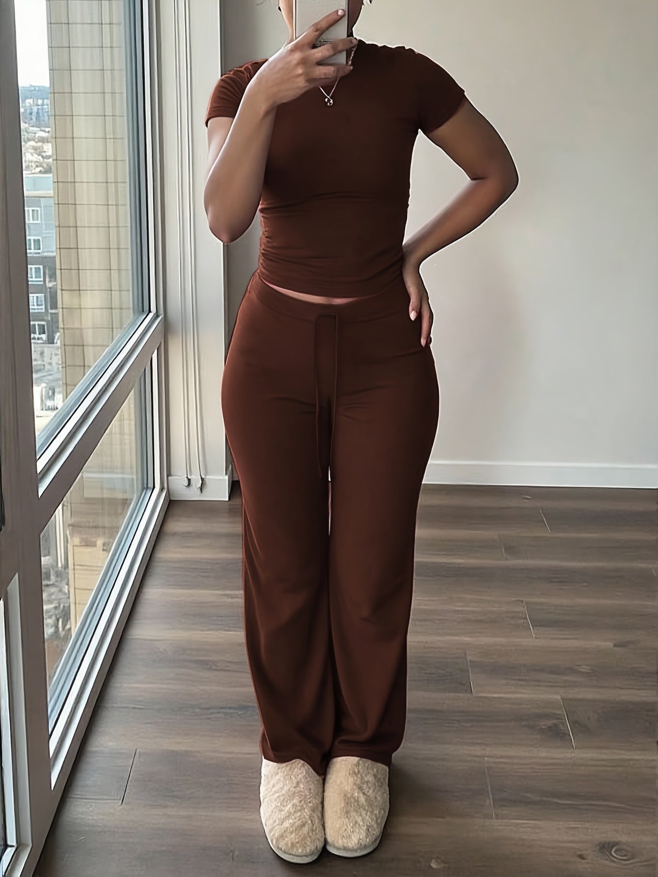 Maroon Women's Two-Piece Set: Short Sleeve Crop Top & High-Waisted Wide-Leg Pants - Cozy Fleece Loungewear with Drawstring Waist, Soft & Comfortable for Casual Home Wear, All-Season Wear, Loungewear Set|Casual Style|Soft Flee