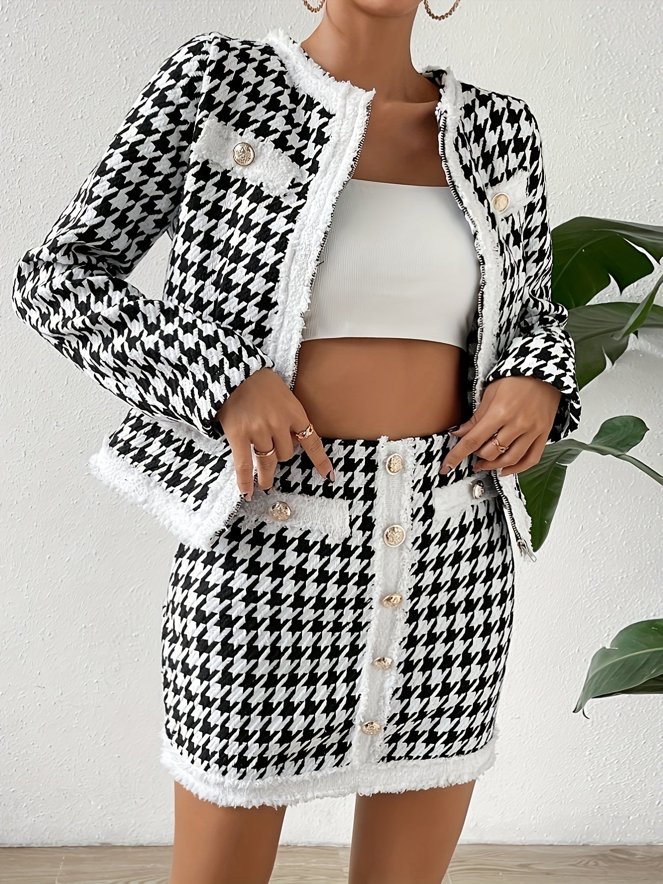 MSDOSBT Elegant Houndstooth Patchwork Tweed Jacket & Skirt Set - Chic Black & White Checkered Pattern, Long Sleeve, Button-Up Blazer with Flap Pockets for Afternoon Tea, Casual Attire, All-Season Wear, Stylish Office Attire |