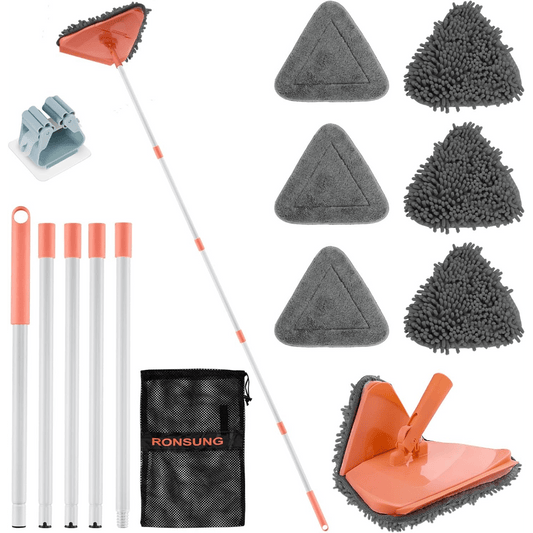 RONSUNG Heavy-Duty Wall Cleaner Mop with Extra-Long 82" Handle - Extendable Scrubber Tool, 6 Reusable Cleaning Pads (Including Storage Bag), Non-Slip Grip for Ceiling, Window, Floor, Baseboard, Bathroom, Kitchen - Space-Savin