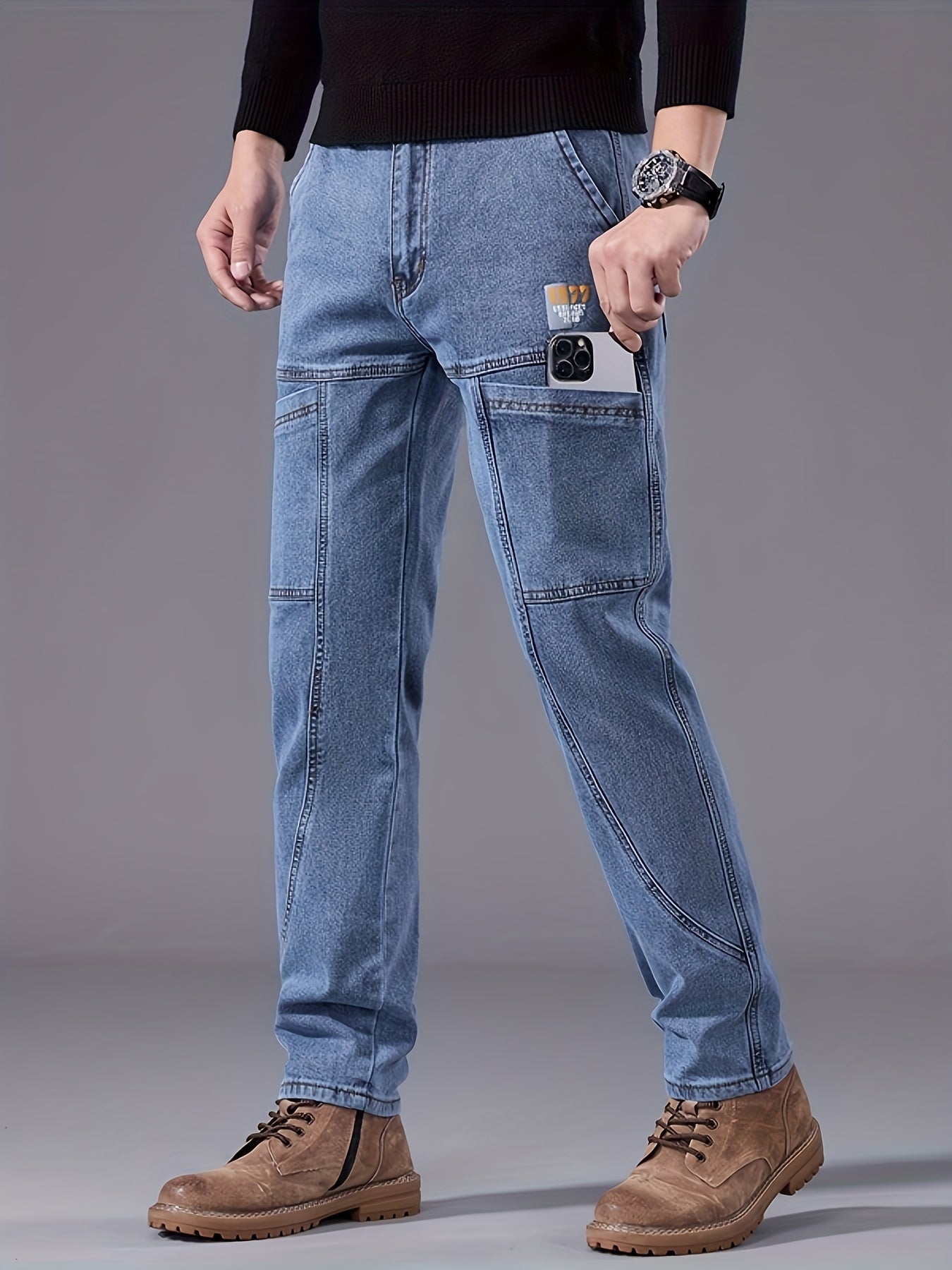 Men'S Small Straight Tube Style Fashionable Printed Six Pocket Design Micro Elastic Denim Pants