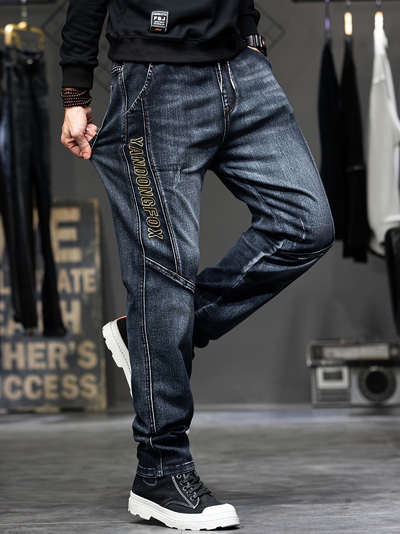 Men'S Slim-Fit Embroidered Denim Jeans with Adjustable Drawstring Waist - Stretch Straight-Leg Pants for Fall/Winter, Casual Casual Attire, Light Blue Washed Design, Comfortable Fashion, Fashionable Casualwear, Durable Fabric