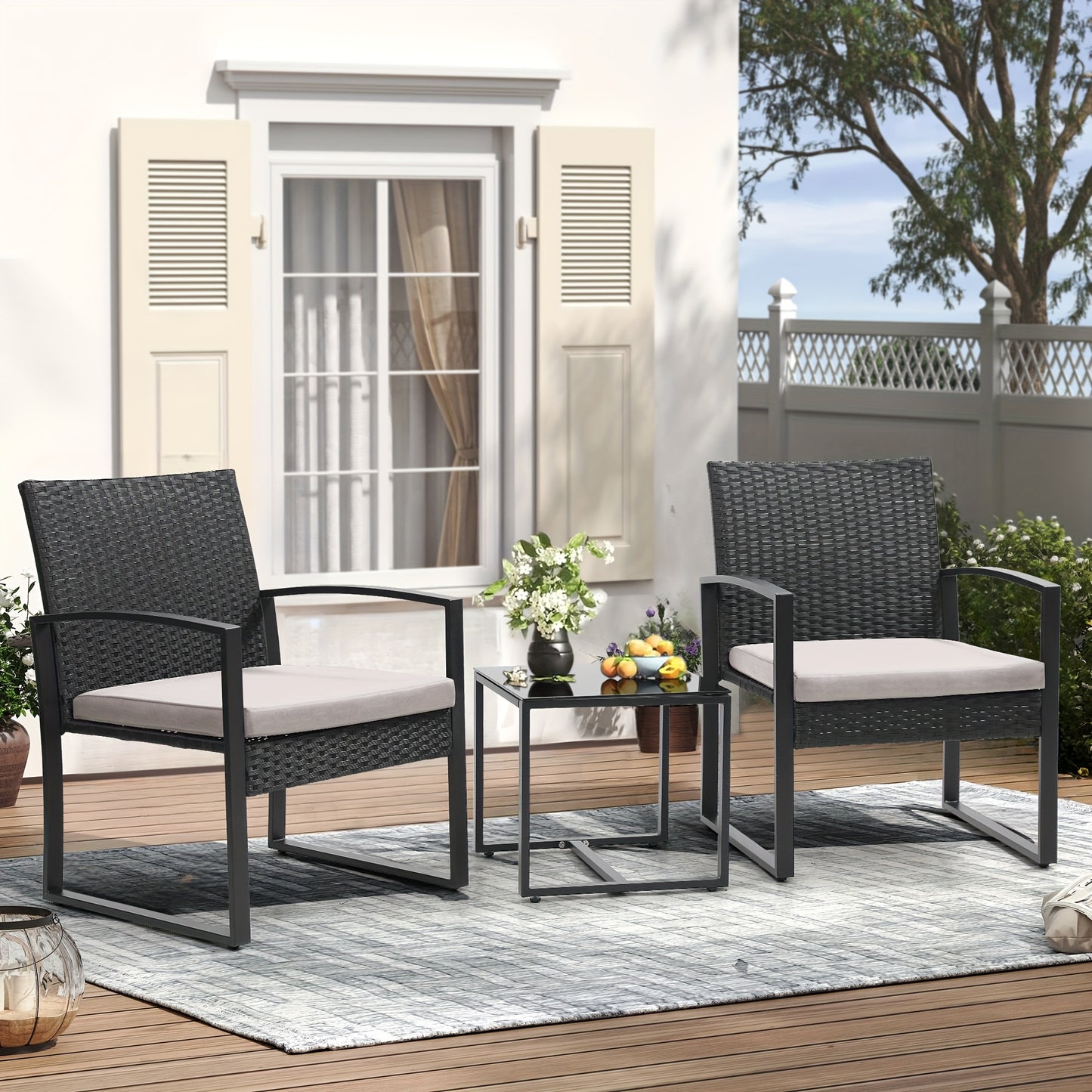 Outdoor Chairs With Bistro Table Furniture Set, Wicker Rattan 3pcs Conversation Set Includes 2 Waterproof Chairs With Thick Cushions And 1 Bistro Table With Safety Glass Top