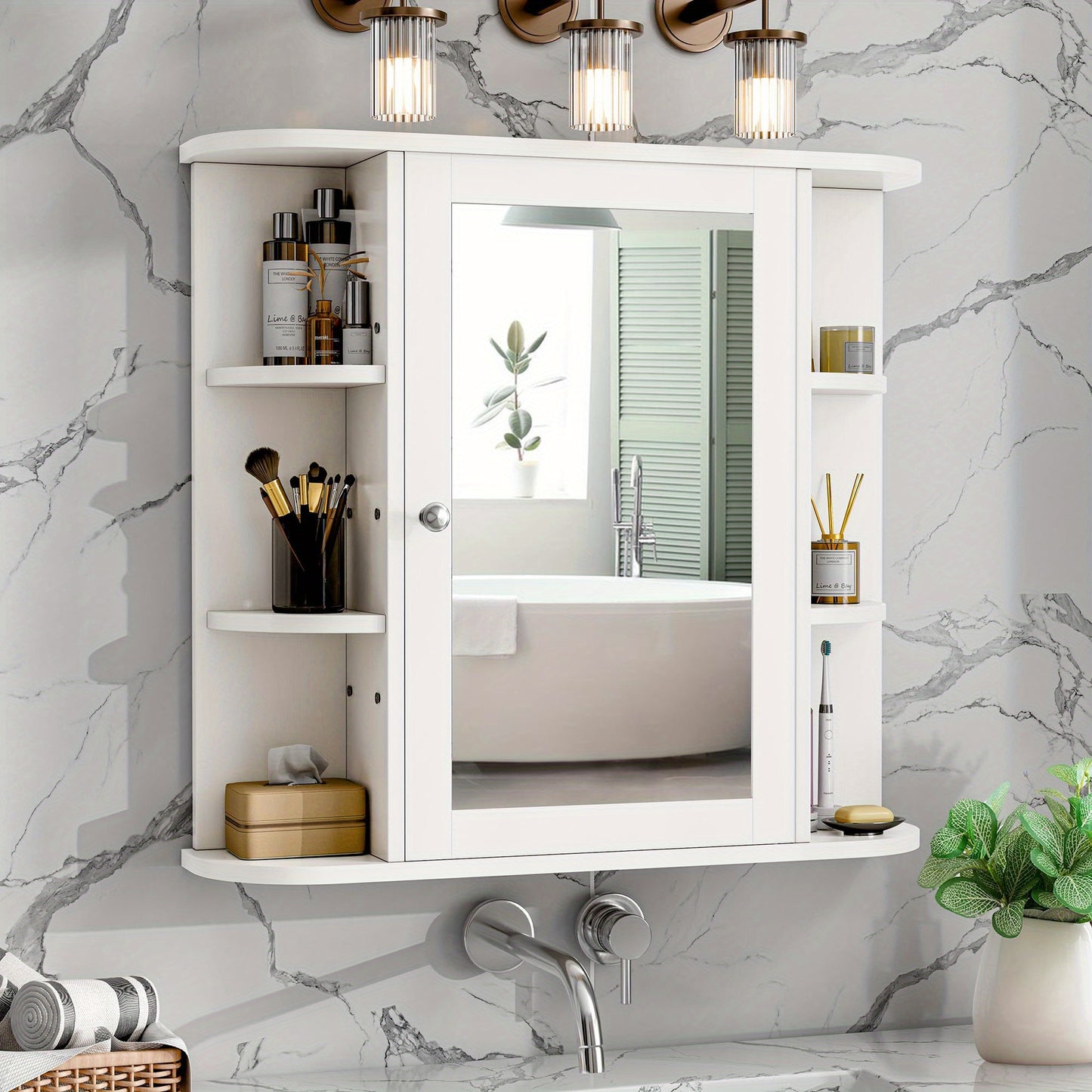 Modern Wall-Mounted Bathroom Medicine Cabinet with Mirror - 6 Open Shelves, Durable Non-Wood Moisture-Resistant Design, Space-Saving White Storage Organizer for Bathroom Essentials, Toiletry Organization, Contemporary Style,