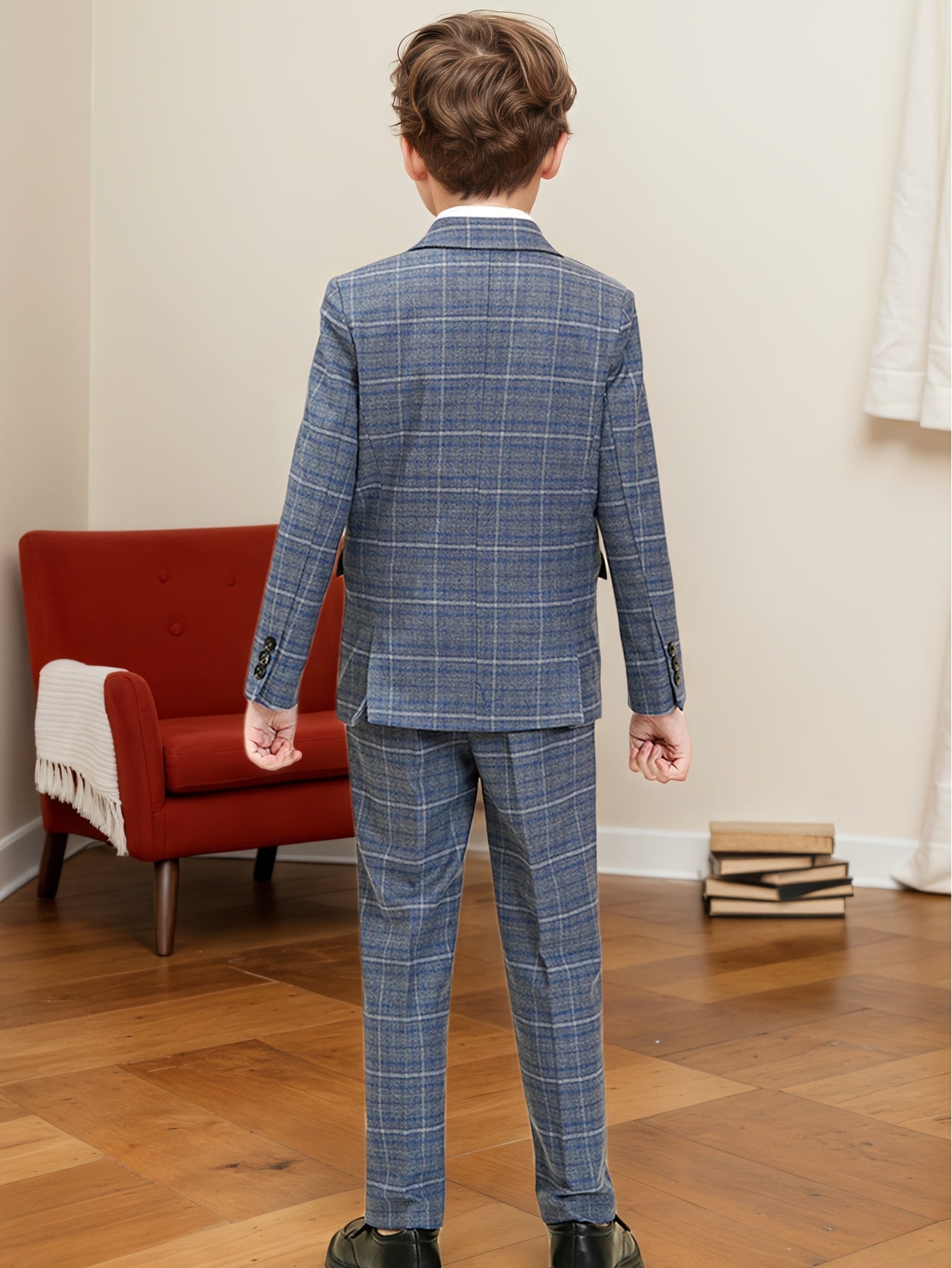 Boys' Suit Three-Piece Set Blue and White Plaid Jacket + Vest + Trousers 6-16 Size Formal Wear Boys' Wedding Dress Party Performance Outfit Christmas Collection School Event Attire