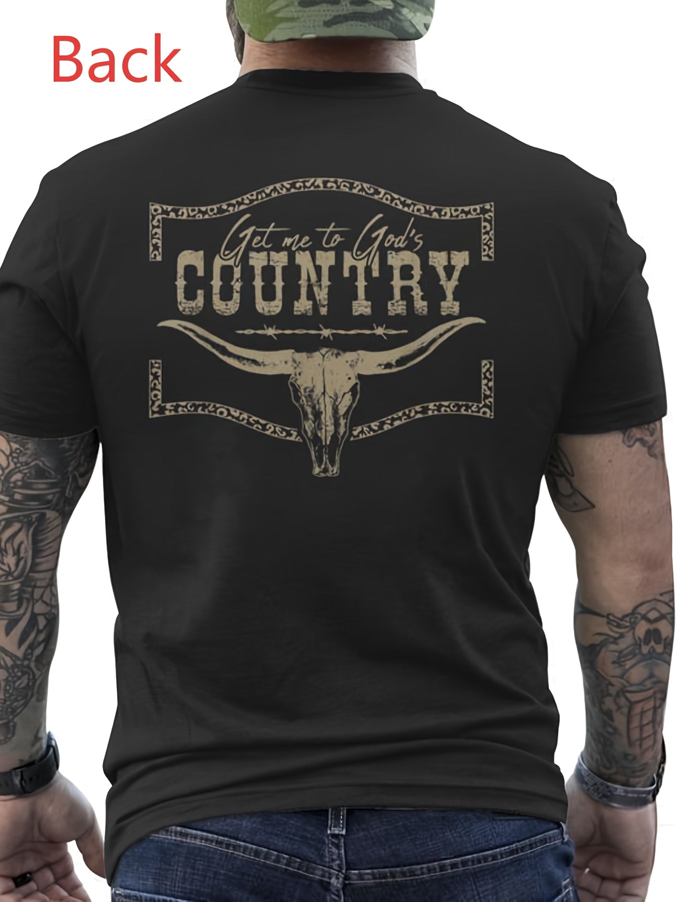 Men's Western Bull Skull Graphic T-Shirt - Black & Beige Cowboy Tee - Heavyweight 100% Cotton Loose Fit Shirt for Country Concerts, Ranch, Everyday Casual - All-Season Breathable Top, Ranch Outfit, Streetwear Fashion,