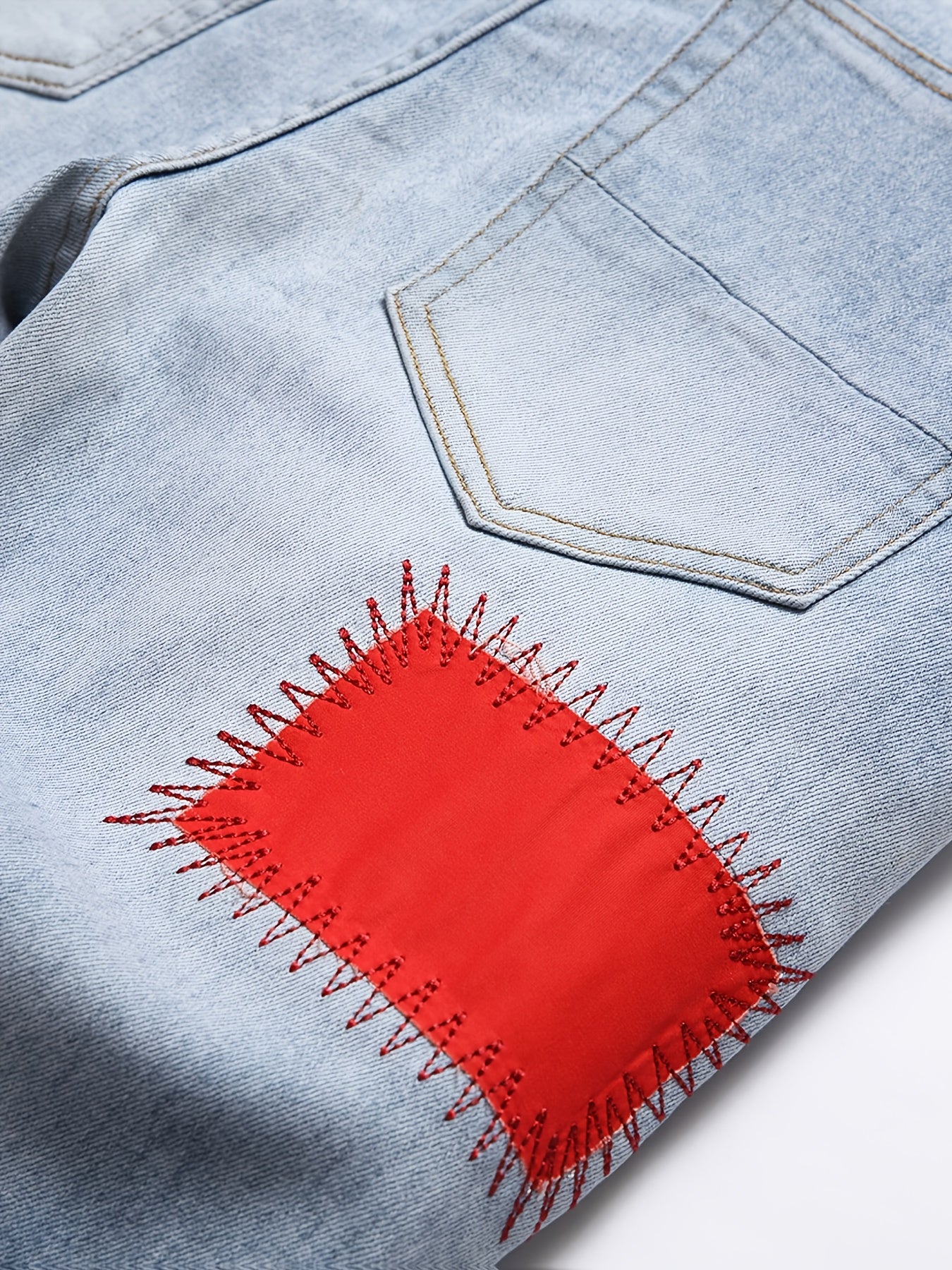 Men's Slim Fit Fashion Small Foot Embroidered Jeans Colorful Tape Stretch Washed Blue Trousers