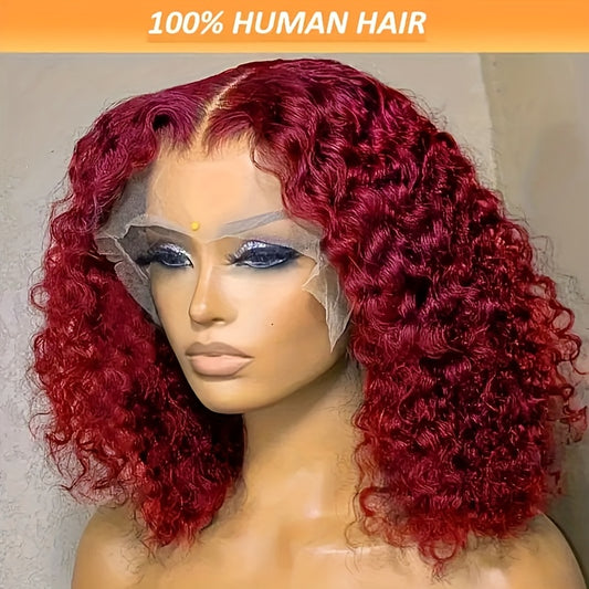 13x4 Burgundy Deep Wave Lace Front Wig - 250% Density, 100% Brazilian Virgin Human Hair, Pre-Plucked with Baby Hair, Glueless Design for Women, Wet and Wavy Look, Bye Bye Knots, Natural Red Color