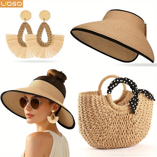 3pcs Women'S Beach Fashion Set, Sun Hat, Beach Hat, Beach Bag, Handbag, Earrings, Ear Jewelry, Women's, Suitable For Outdoor Beach Travel Scenarios.