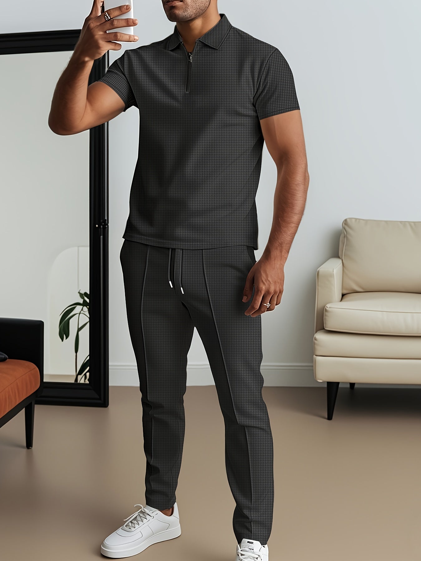 Men's Waffle Texture Lapel Shirt And Pants Set - Polyester Short Sleeved Shirt, Zipper Access, Elastic Drawstring Waist Straight Leg Pants 5 Colors Suitable For Spring, Summer, Autumn, Beach, Outdoor Activities, Daily Wear, S