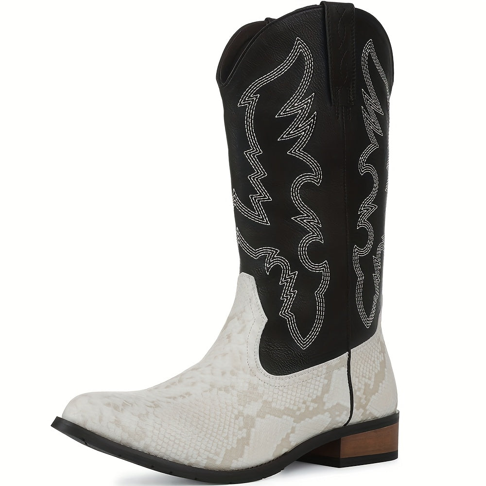 [MIKARKA Western Cowboy Boots] MIKARKA Men's Western Cowboy Boots - Pointed Toe, PU Upper & Inner, Rubber Sole, Slip-On, Short Boots with Striped Pattern