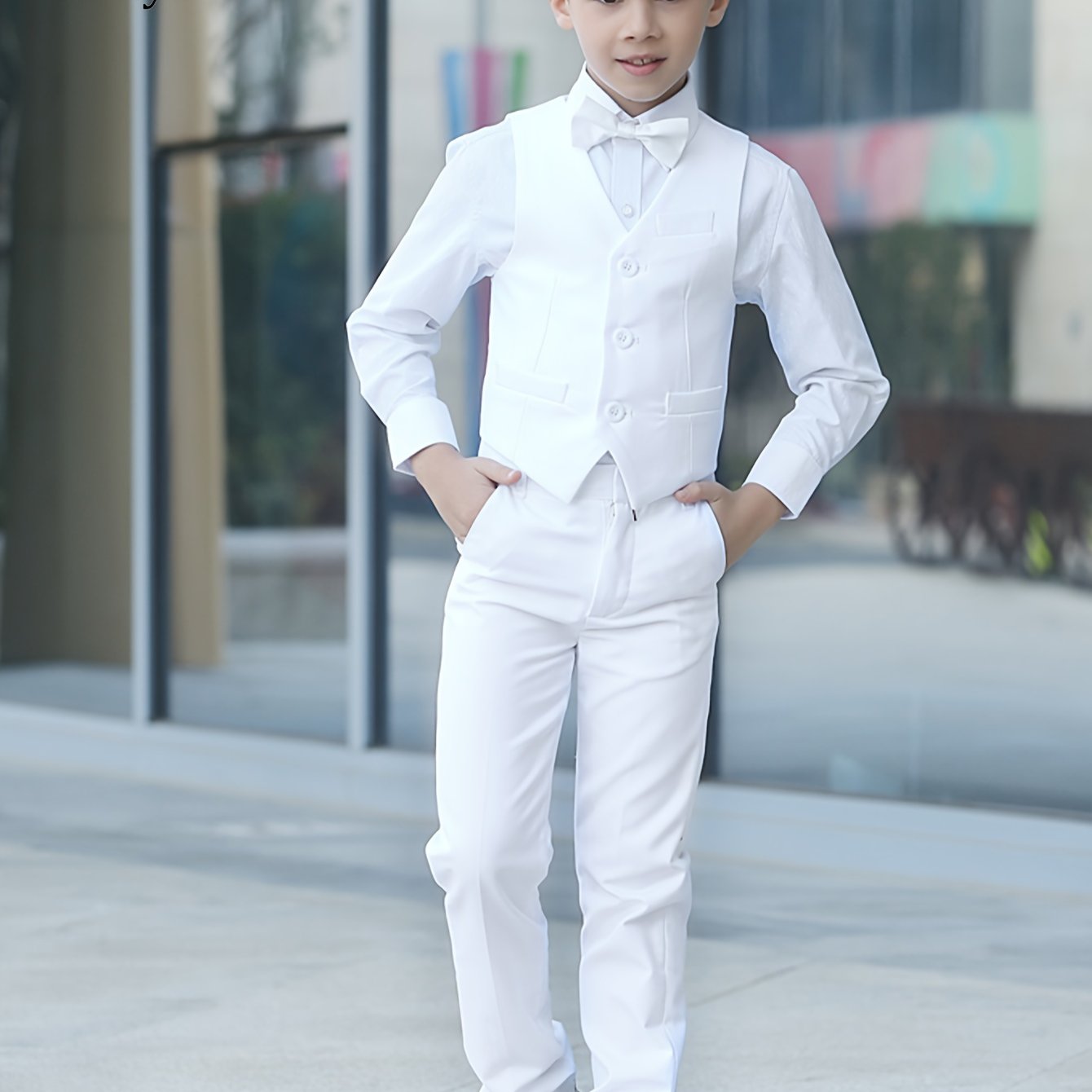 Furuyal Boys' 4pcs Formal Suit Set Vest Pants Collared Dress Shirt And Tie Boys' Suit Size 6-16Y Boys Suits Suitable For Music Festival Graduation Season Party