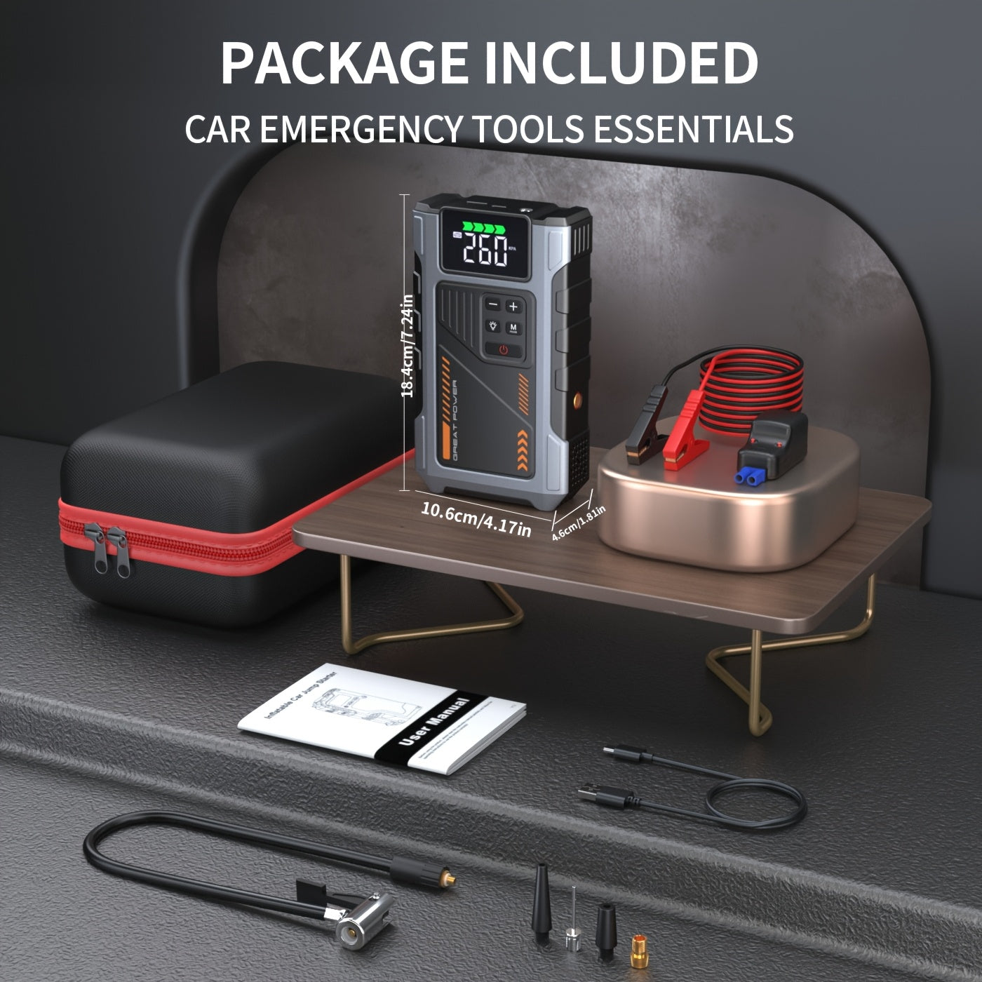 Portable Car Air Compressor & Jump Starter with LED Emergency Light, 3000A Peak Power, 12V for Gas/Diesel Engines, USB Input/Output, Digital Tire Inflator, Red, Insulated Material, Fast Charging, Car Accessories Tools, Vehicl