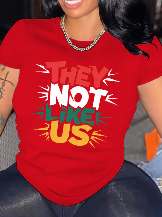 1pc Plus Size Casual Crew Neck T-Shirt with "They Not Like Us" Alphabet Print, Polyester Knit Fabric with Medium Stretch, All Season Comfort Fit