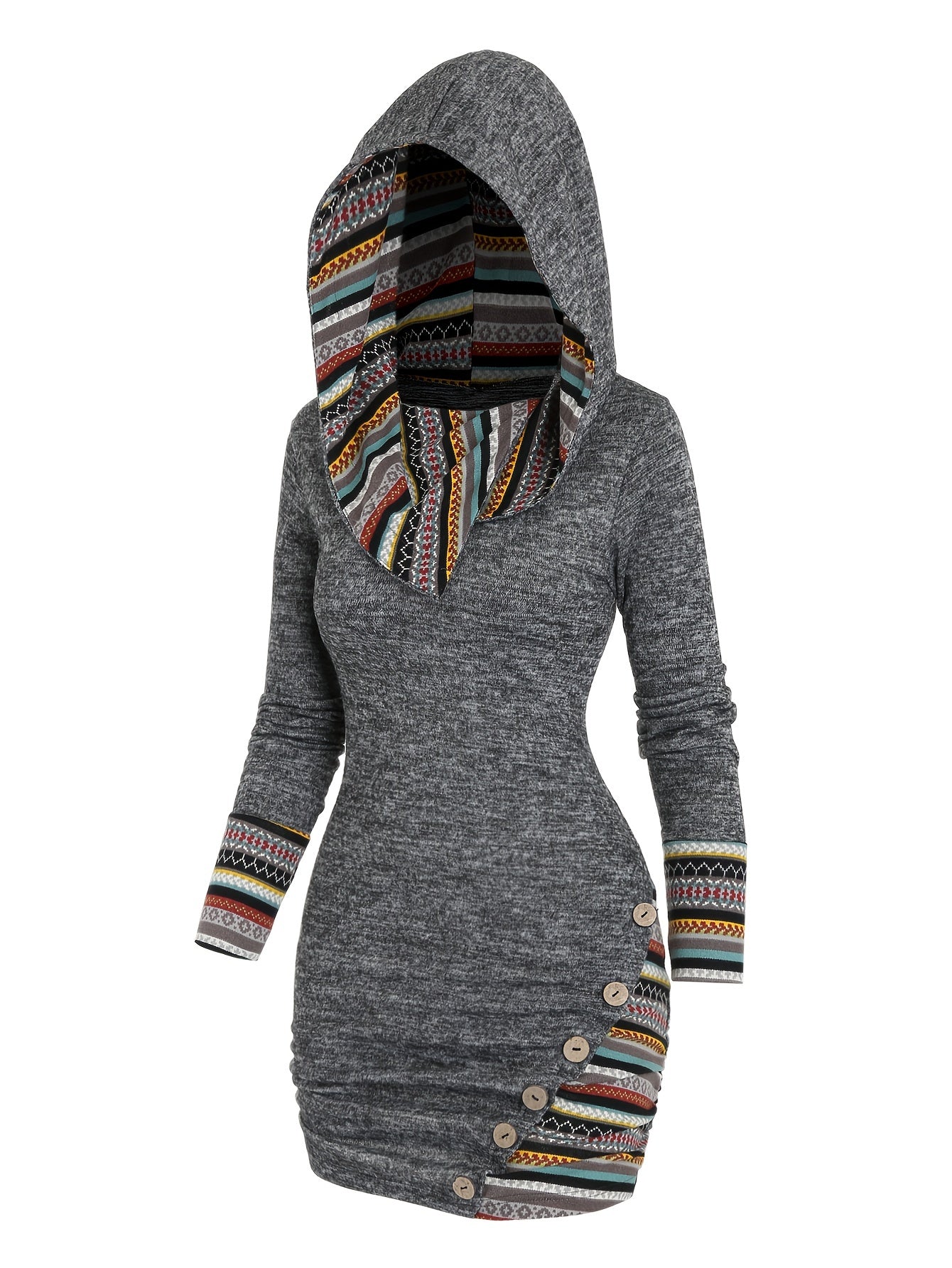 [Tribal Hooded Dress] Polyester Women's Tribal Geometric Stripe Patchwork Hooded Knit Dress | Long Sleeve Bodycon, Casual Style, 95% Polyester 5% Spandex, All Season, 240g/m² Knit Fabric, with Fake Buttons Detail