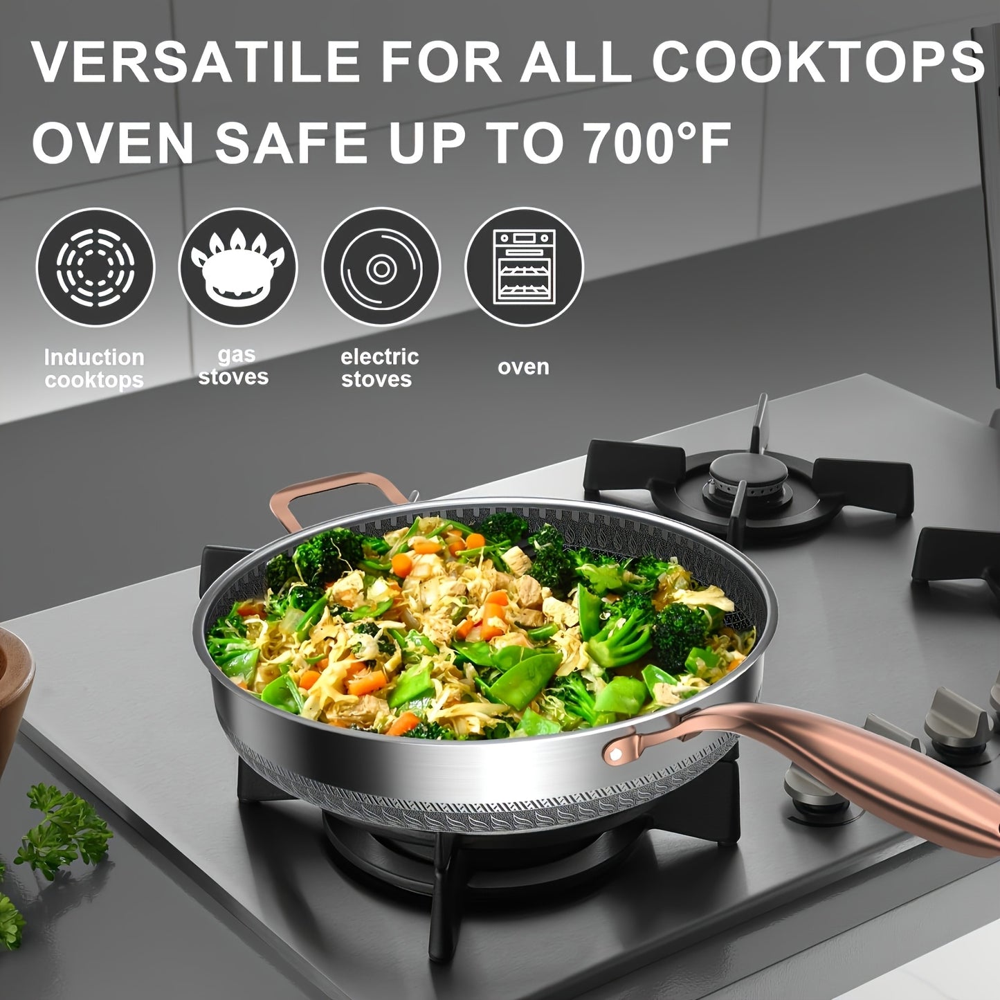 Heavy-Duty Commercial & Home Use - 11-Inch Stainless Steel Wok Fry Pan with Lid - Non-Stick Cookware, Induction & Gas Stove Compatible, Even Heat Distribution - Ideal for Stir-Fry, Pasta, Deep Frying, Searing - Durable Kitche