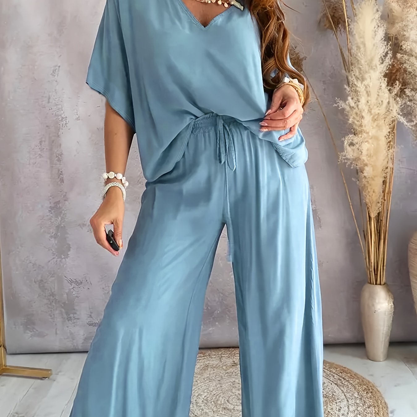 Womens Elegant Solid Color Knit V-Neck Half Sleeve Top and Wide Leg Pants Set - Micro Elasticity, Polyester Fabric, Spring/Summer Outfit for Casual Wear